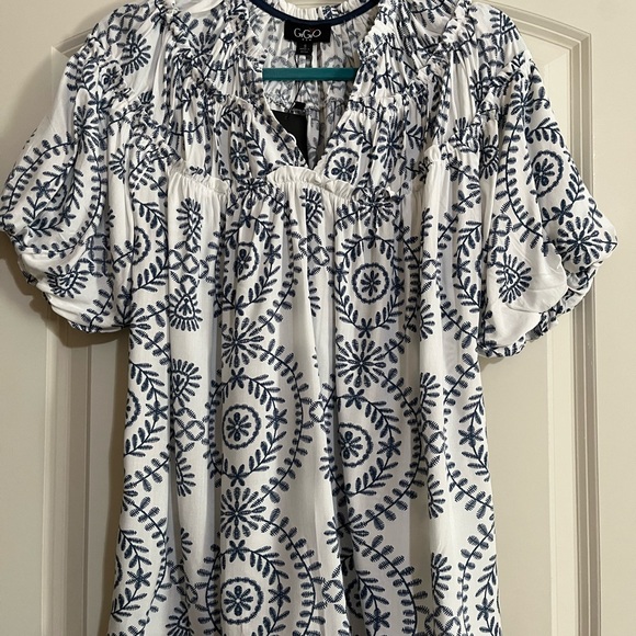 Gigio NWT Small Navy White Print Blouse Balloon short sleeves Navy trim at hem - Picture 3 of 10
